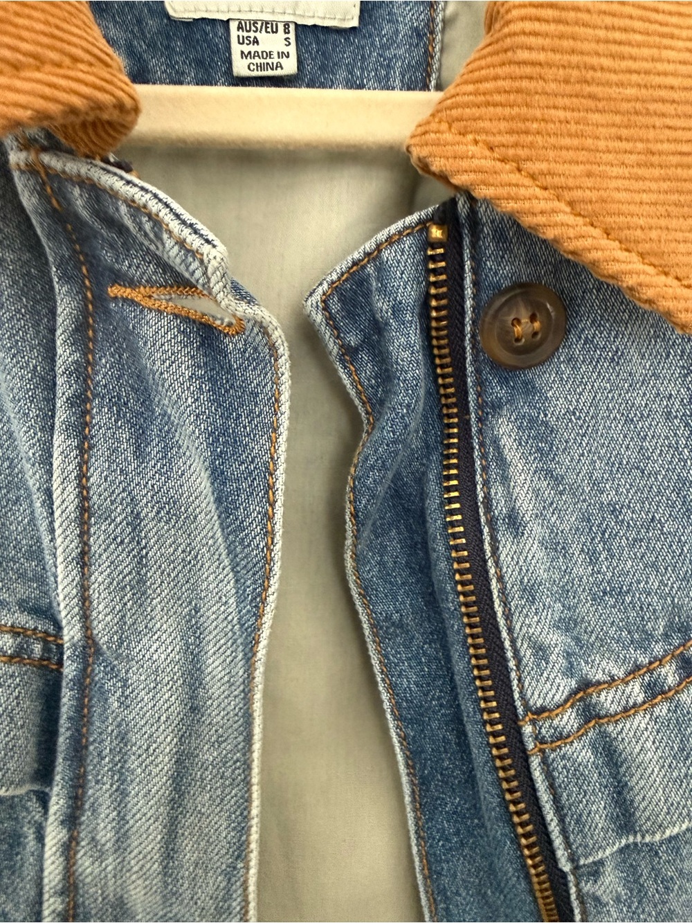 Rhythm. Blue Denim Jacket with Tan Corduroy Collar & Cuffs - Picture 3 of 4